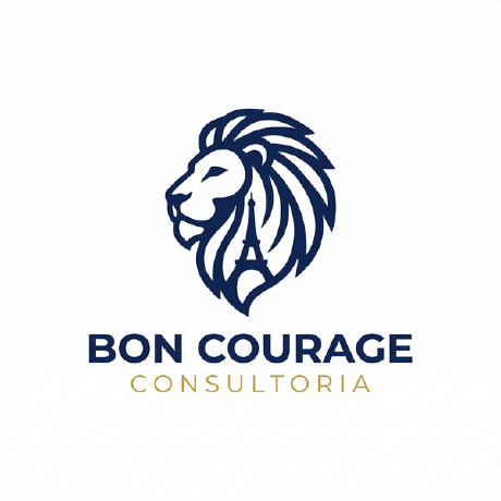 Logo original Bon Courage: um leão com a Torre Eiffel integrada à juba.