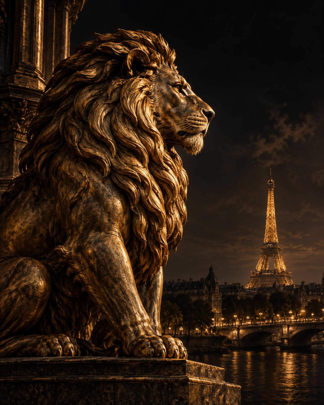 Ilustração de um leão em bronze com a Torre Eiffel ao fundo, símbolos de coragem e da história da Bon Courage.
